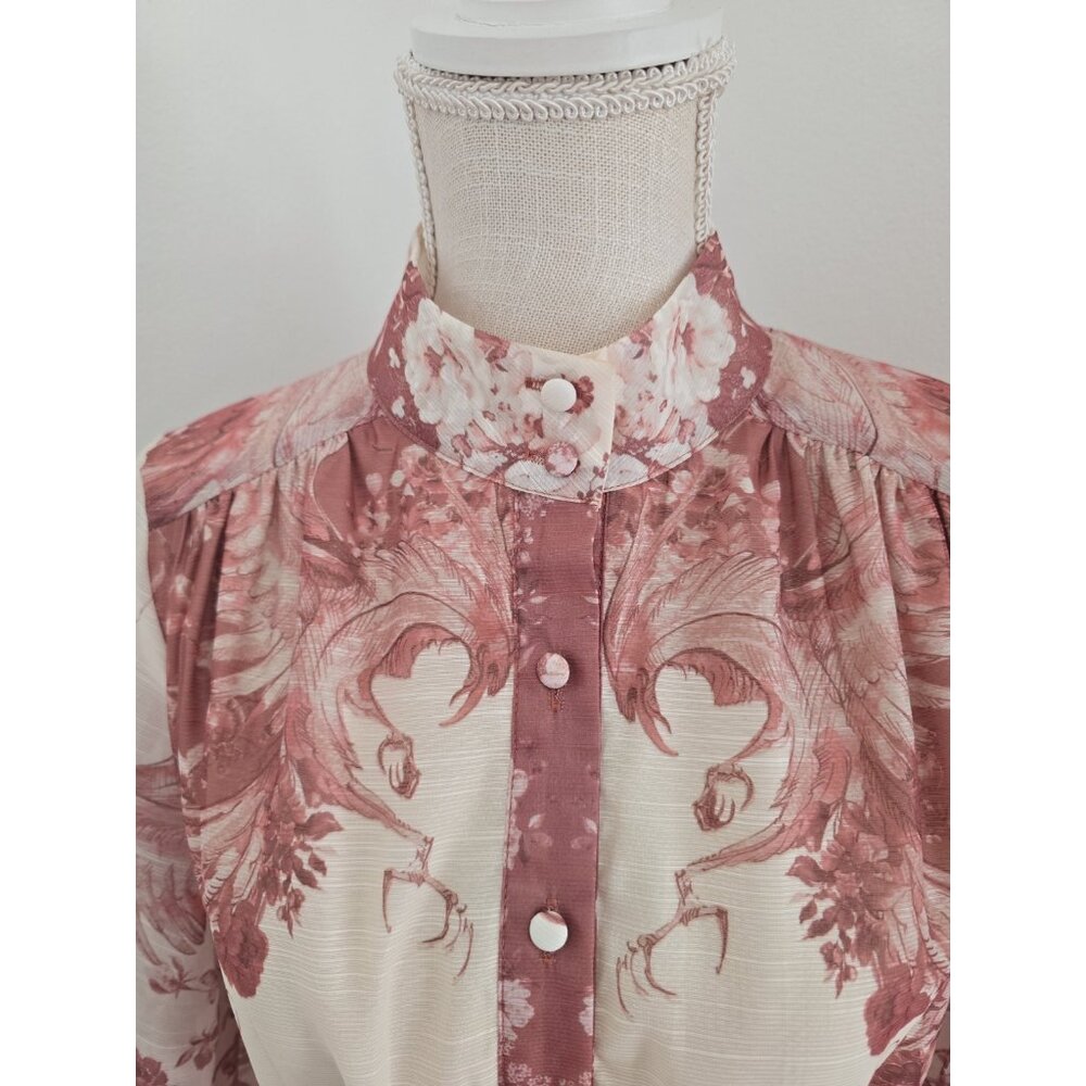 Floral Maxi Chinoiserie High Neck Belted Long Sleeves Mauve Pink Cream Dress M - Picture 9 of 12